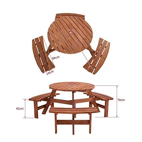 Britoniture 6 Seater Wooden Round Picnic Table and Bench for Garden Pub Patio