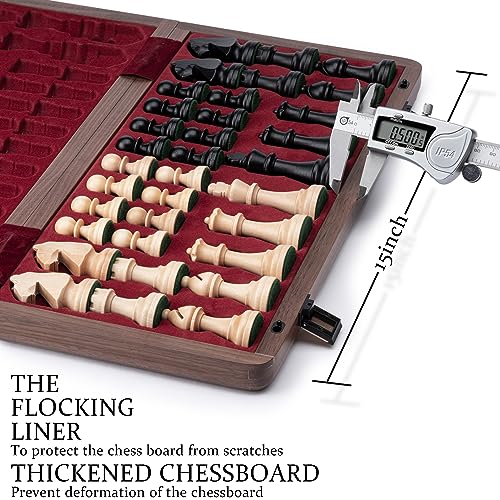 A&A 15 inch Wooden Folding Chess Set w/ 3 inch King Height Staunton Chess Pieces / 2 Extra Queens - Natural Walnut Wood