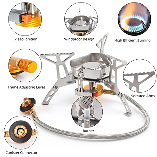 Camping Gas Stove, Portable Windproof Backpacking Burner Cooking Stoves 3500W for BBQ Outdoor Cooking Hiking Fishing Picnic with Piezo Ignition Adapters Converter