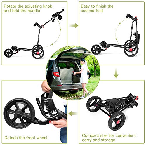 COSTWAY Folding Golf Push Pull Cart, Lightweight 3 Wheels Golfs Trolley with Foot Brake, Umbrella & Cup Holder, Adjustable Handle and Storage Bag