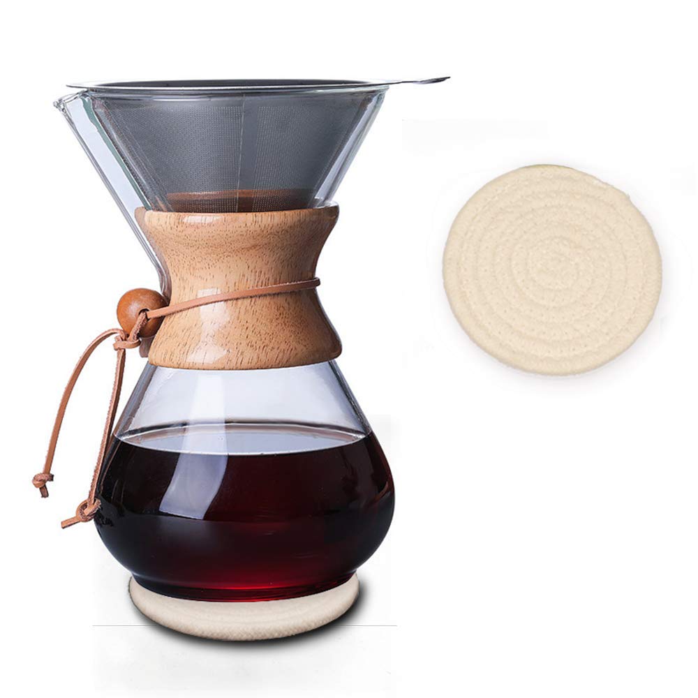 - QLESHINING Wood Neck Pour Over Coffee Maker | Permanent Filter and Coaster Pad -