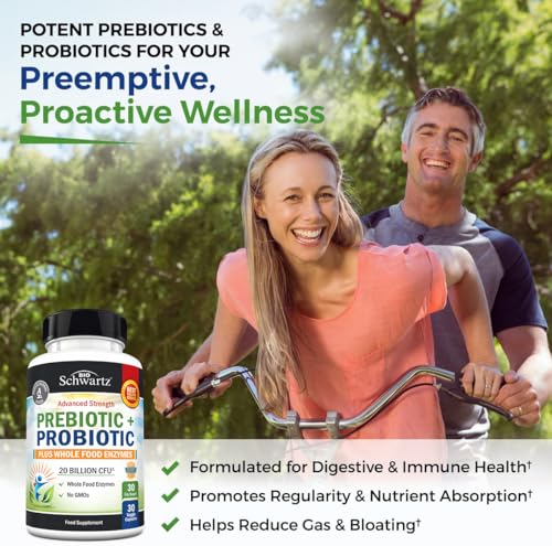 BioSchwartz Prebiotics and Probiotic with Whole Food Enzymes for Adults Women & Men - Probiotics Lactobacillus Acidophilus - Digestive Health Capsules Shelf Stable Supplement - Non-GMO - 30ct