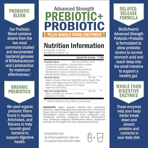 BioSchwartz Prebiotics and Probiotic with Whole Food Enzymes for Adults Women & Men - Probiotics Lactobacillus Acidophilus - Digestive Health Capsules Shelf Stable Supplement - Non-GMO - 30ct