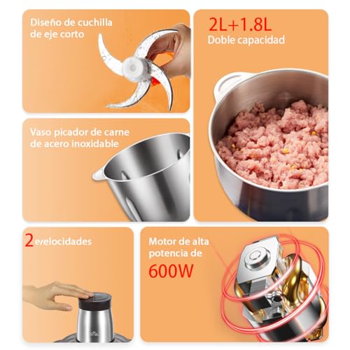 Bear 2L+1.8L 600W Electric Food Processors & Chopper with Glass Container and 304 Stainless Steel Container, 2 Speed Settings, 4 Stainless Steel Blades for Chopping Meat, Baby Food, Fruit, Vegetables