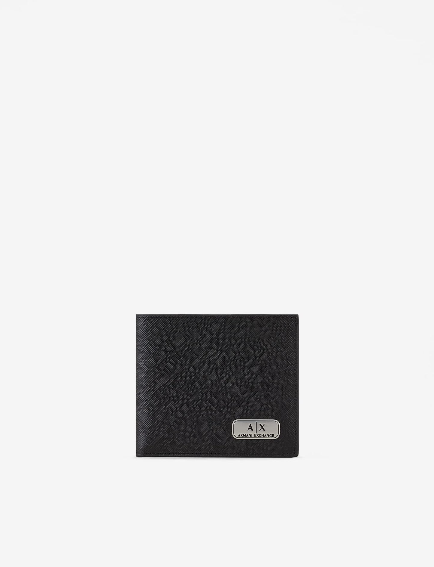 Armani Exchange Men's Plate Logo Saffiano Leather Bifold Wallet Fold, Black, S