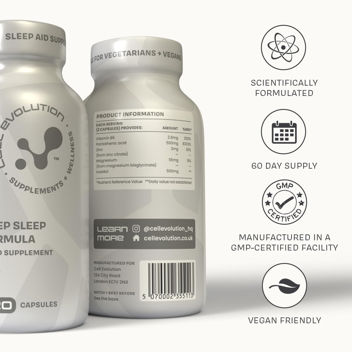 Cell Evolution Reset, Sleep Aid Supplement, Magnesium Bisglycinate, Inositol, Pantothenic Acid, Zinc and Vitamin B6, Sleep Supplements for Adults, Deep Sleep, Sleeping Tablets, 120 Capsules