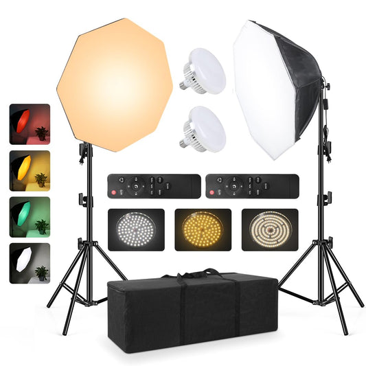 2pack Softbox Continuous Lighting Kit for Camera Photo Video Photography Studio Light with 28'' x 28''Octagon Softbox and Dimmable Super Bright Light Bulb/Nylon Color Screen/Light Stand/Carrying Bag