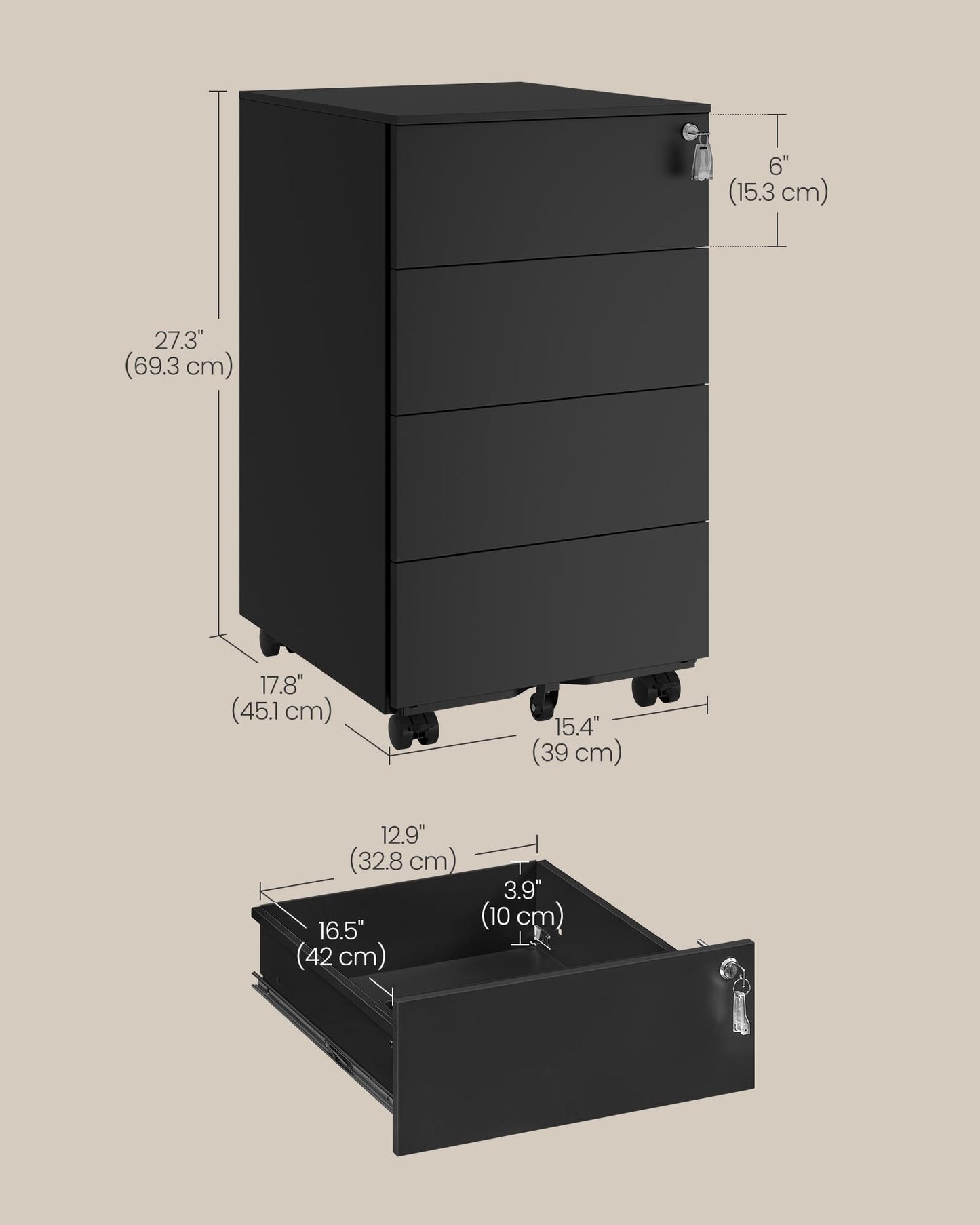 - SONGMICS Mobile File Cabine | Lockable | 4 Drawers To Hold Documents & Stationery | Pre-Assembled | File Cabinet for Office | 39 x 45 x 69.3 cm | Ink Black OFC064B16 -
