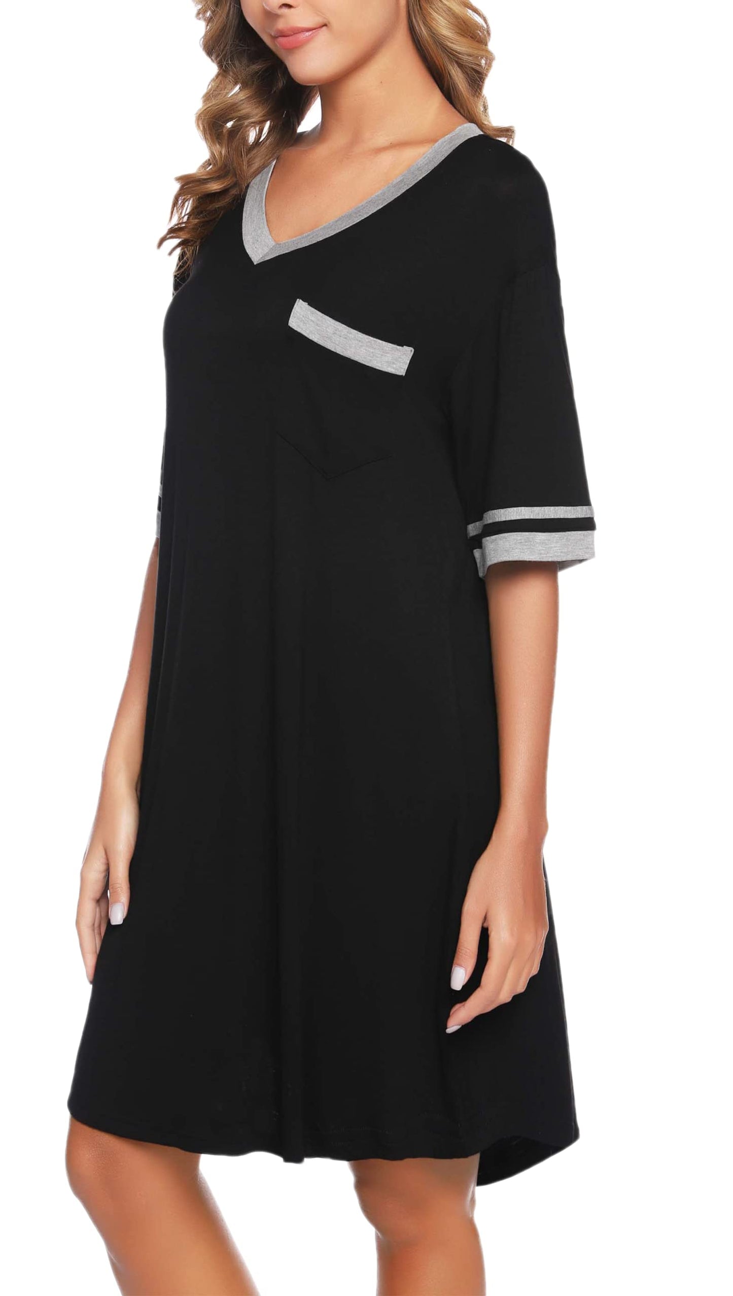 - Vlazom Women's Nightgown V Neck Sleep Shirt Oversized Nightdress Short Sleeve Casual Loungewear Sleepwear Black -