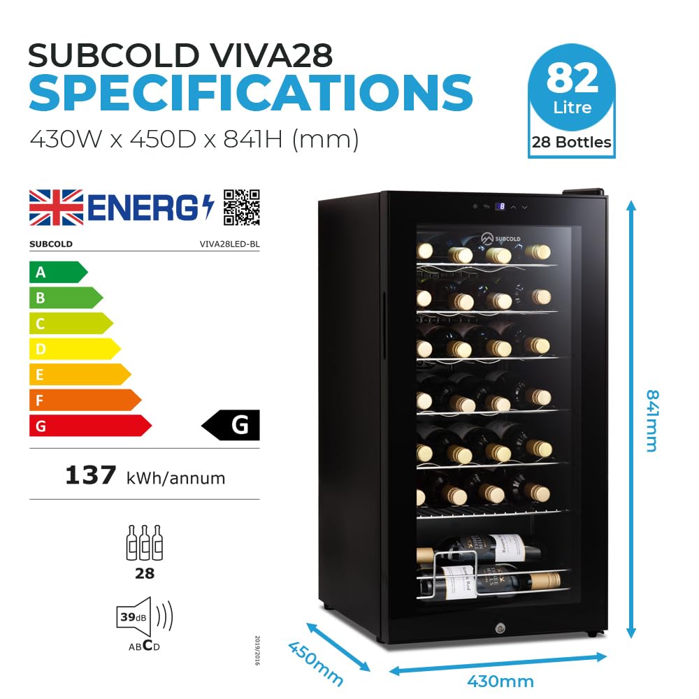 - Subcold Viva28 LED | Under-Counter Wine Fridge Black | 3-18°C | Wine Cooler -