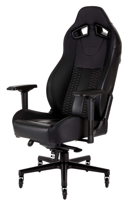 Corsair T2 Road Warrior - Faux Leather Gaming Chair, Easy Assembly, Ergonomic Swivel, Adjustable Height & 4D Armrests, Lumbar Support, Comfortable Wide Seat with High Recliner - Black