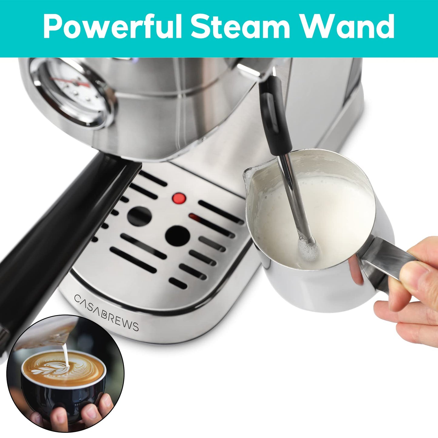 CASABREWS Espresso Machine 20 Bar, Stainless Steel Espresso Coffee Machine with Milk Frother Steam Wand, Barista Coffee Maker with 1L Removable Water Tank for Cappuccino, Latte, Gift for Her or Him