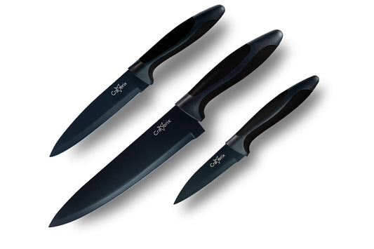Craverix Professional Kitchen Knife Set - All Purpose 3PCS Black Kitchen Knives (Chef, Utility & Pairing) with Covers - Sharp Stainless Steel Non-Stick Blades with TPR Handles for Easy Grip