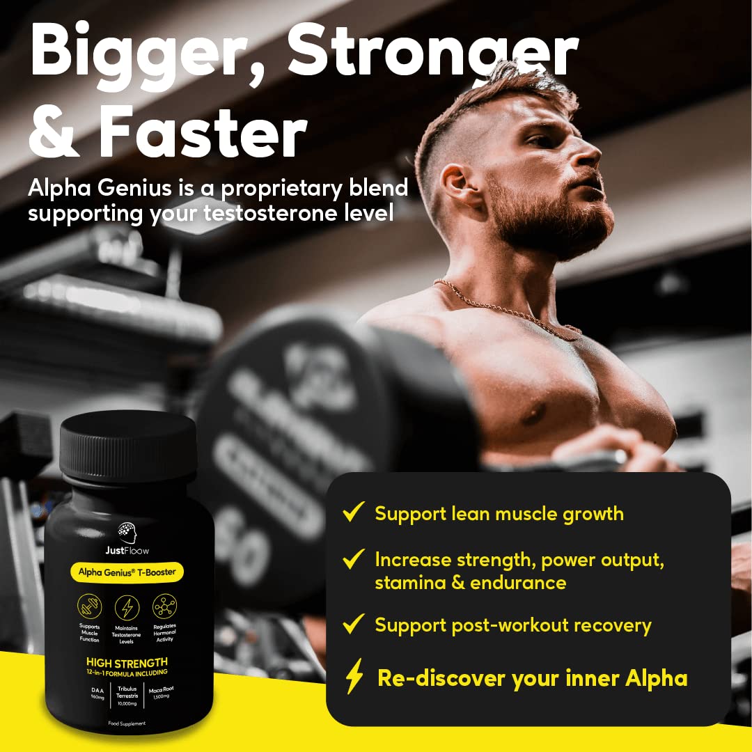 - JustFloow Alpha Genius® Testosterone Supplements | Improve Recovery | Energy Levels & Muscle Function -