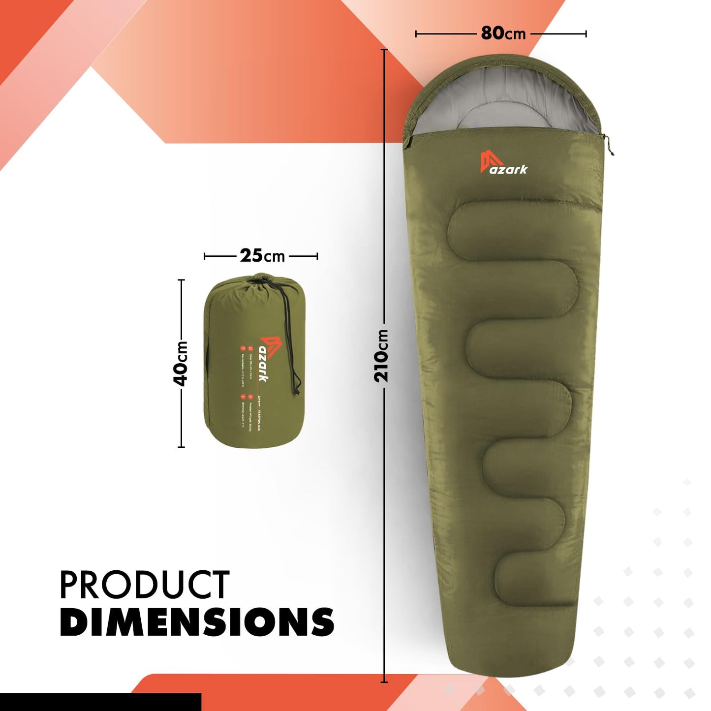 azark Premium Single Sleeping Bag, 350GSM, Lightweight and Waterproof, 4 Seasons of Camping, Hiking and Outdoors, Sleeping bag for Adults & Kids (Green)