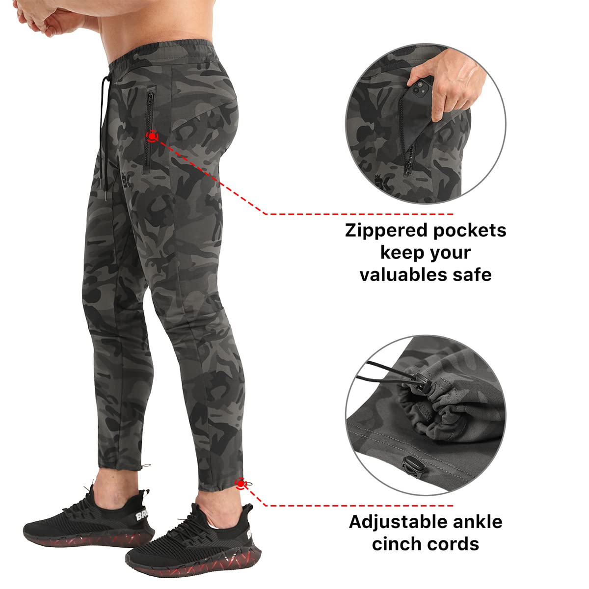 BROKIG Mens Ankle Cords Gym Joggers,Mens Tracksuit Bottoms Running Trousers with Zip Pockets(Camo Green,S)