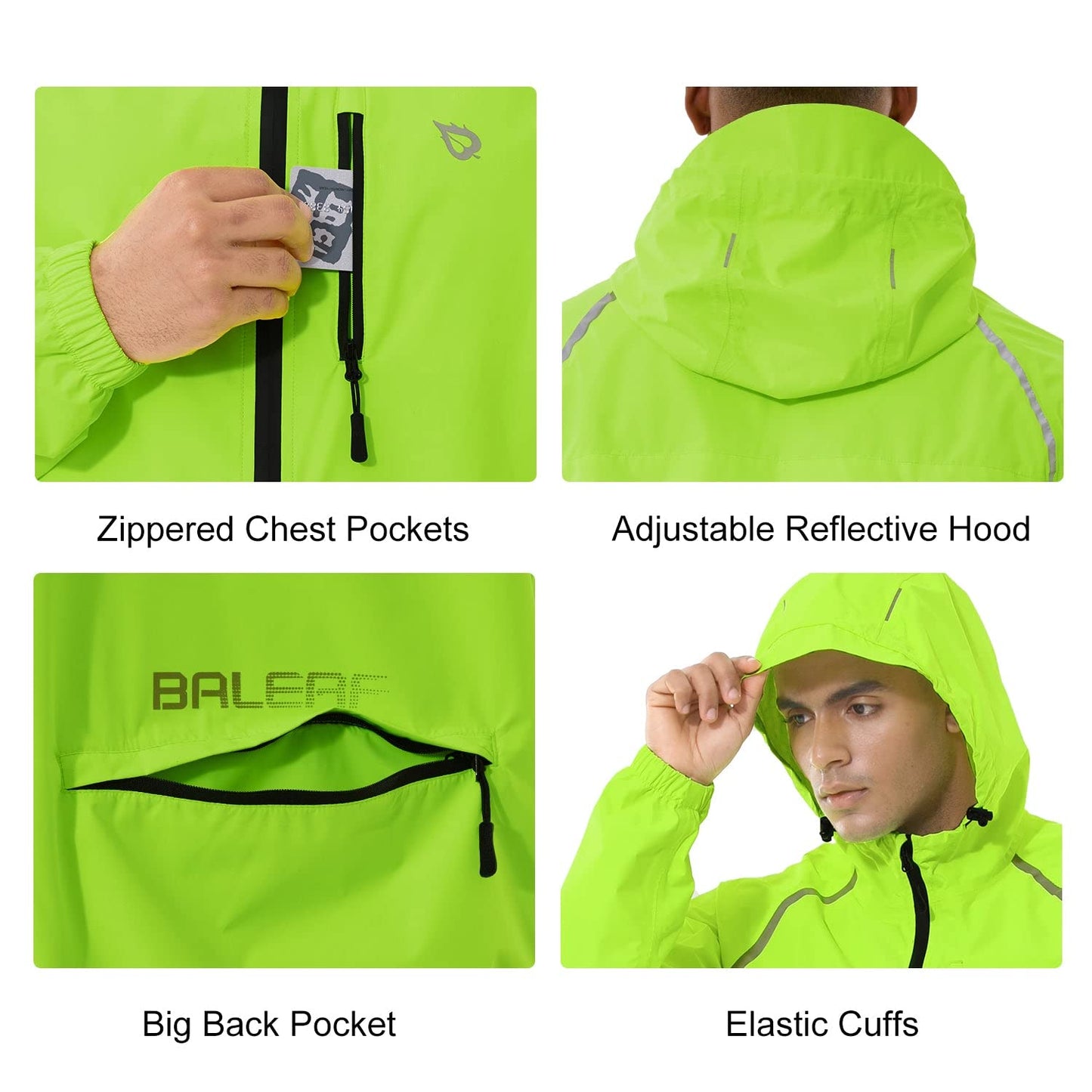 BALEAF Men's Waterproof Cycling Jacket Quick Dry Rain Jacket with Zipper Pockets for Outdoor for Running Packaway Fluorescent Yellow L