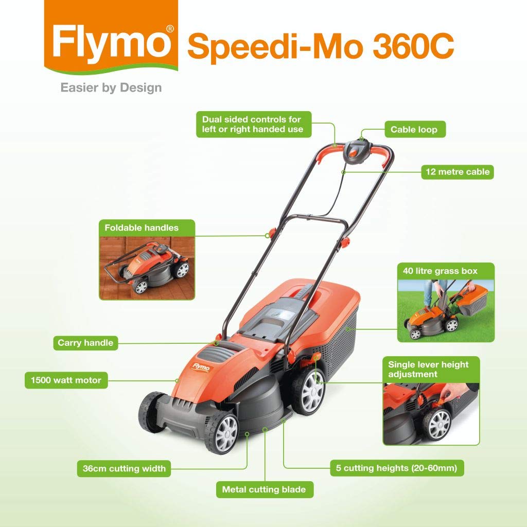 - Flymo Speedi-Mo 360C Electric Wheeled Lawn Mower | 1500 W | Cutting Width 36 cm | Orange/black -