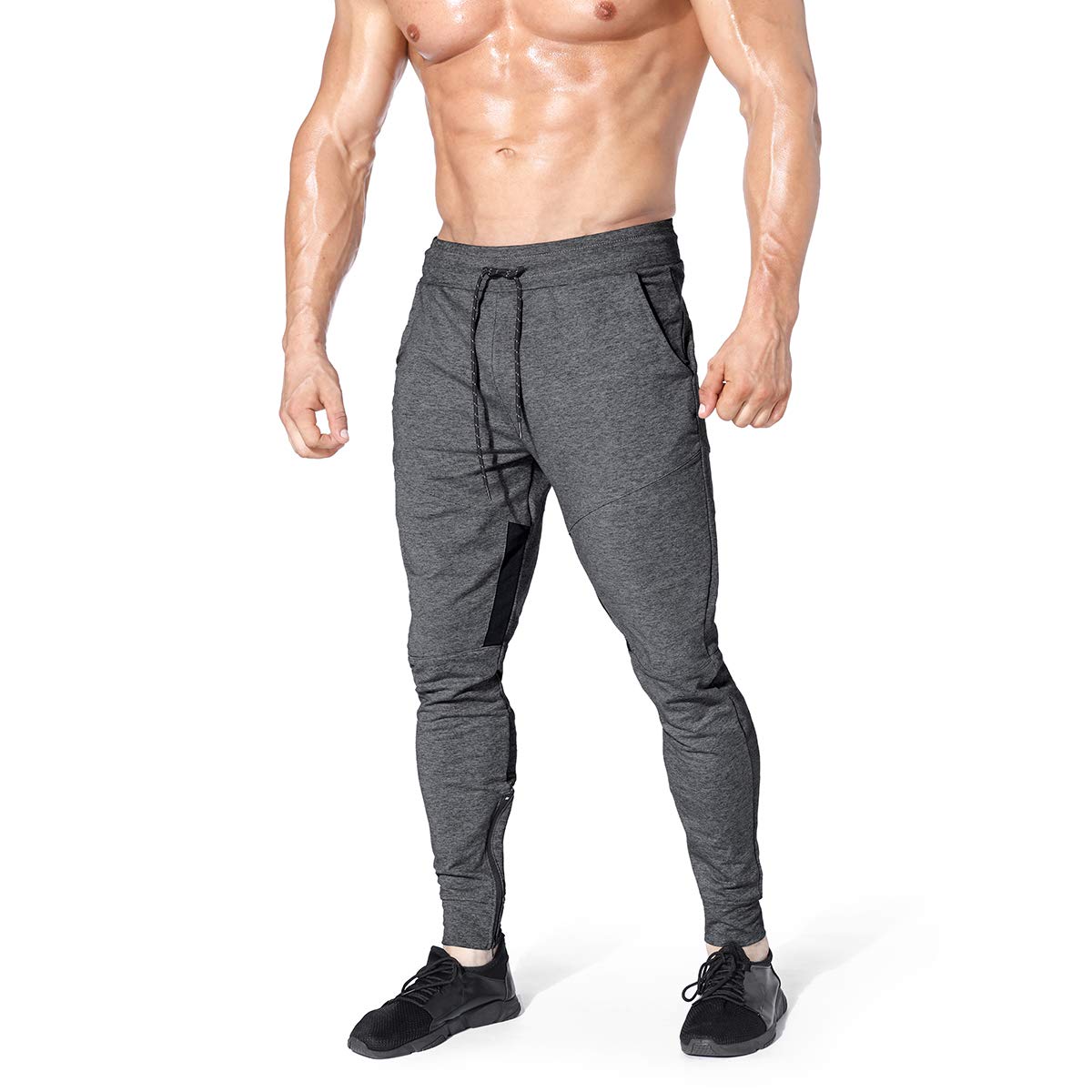 BROKIG Mens Thigh Mesh Gym Joggers Trousers Running Slim Fit Tracksuit Bottoms Sweatpants Men Zip Pockets (S, Dark Grey)