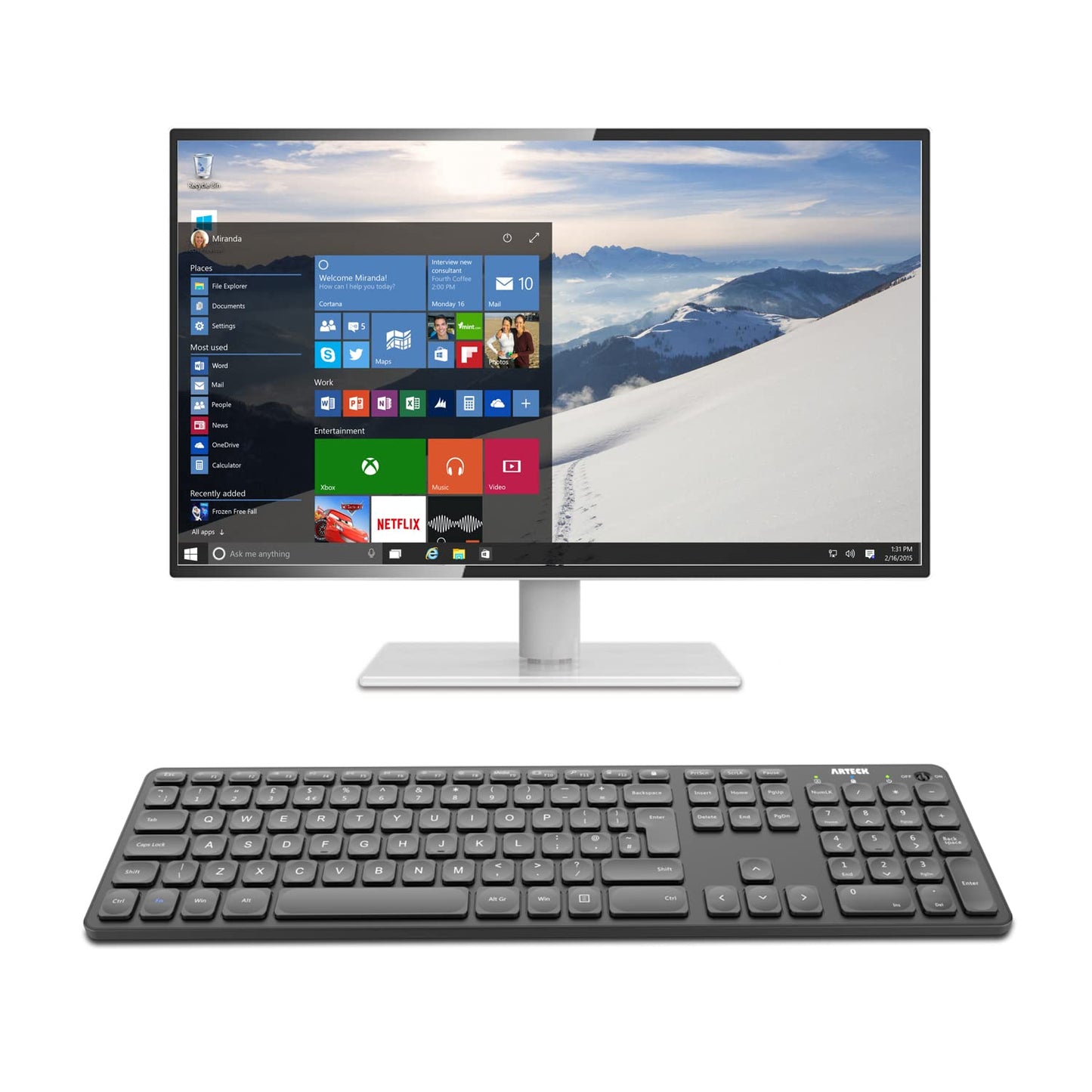 Arteck 2.4G Wireless Keyboard Ultra Slim Full Size Keyboard with Numeric Keypad and Media Hotkey for Computer/Desktop/PC/Laptop/Surface/Smart TV and Windows 10/8/ 7 Built-in Rechargeable Battery