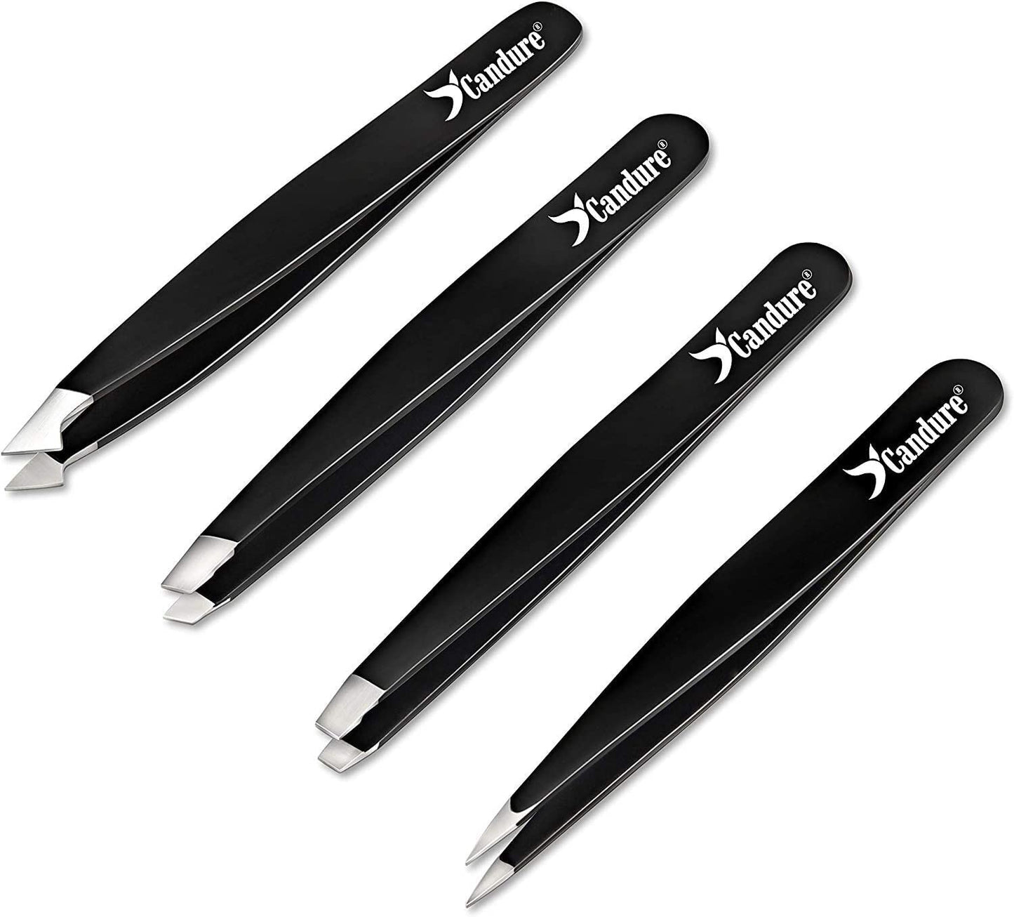 Candure Tweezers for Eyebrows - Professional Stainless Steel Slanted and Pointed Tip Hair Tweezers Set for Ingrown Hair, Blackhead Removal, Eyelash Extension, Eyebrows Plucking Beauty Tool for Women