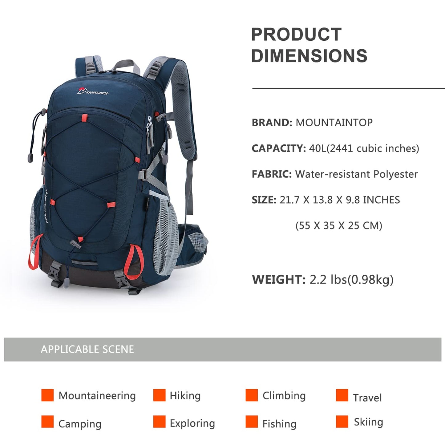 - MOUNTAINTOP Hiking Backpack | 40L | Water Resistent Trekking Rucksack -