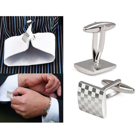 - KINGQ Mens Silver Square Checkerboard Cufflinks -
