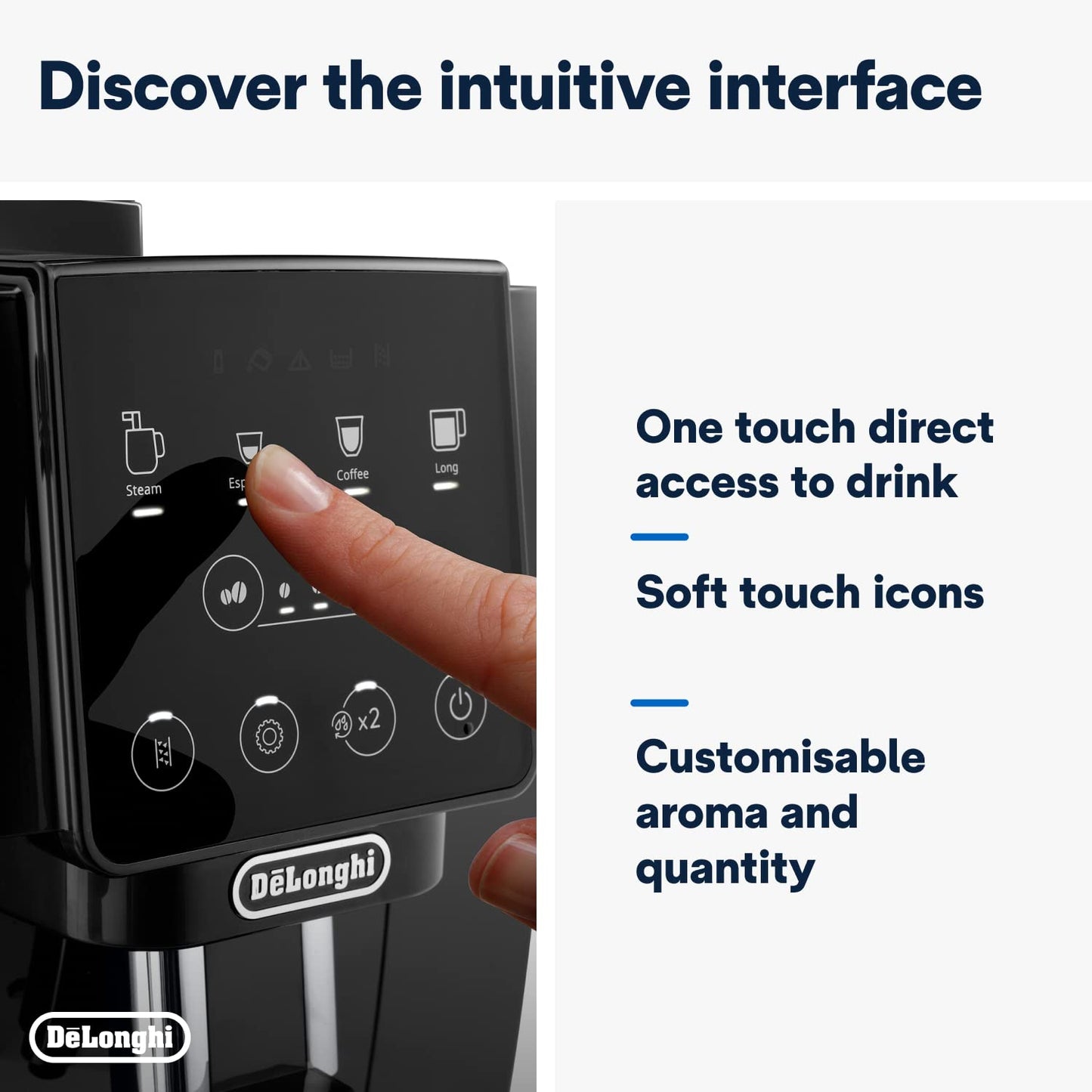 De'Longhi Magnifica Start ECAM222.20.B, Automatic Coffee Machine with Milk Nozzle, Bean to Cup Espresso Machine with 4 One-Touch Recipes, Soft-Touch Control Panel, 1450W, Black