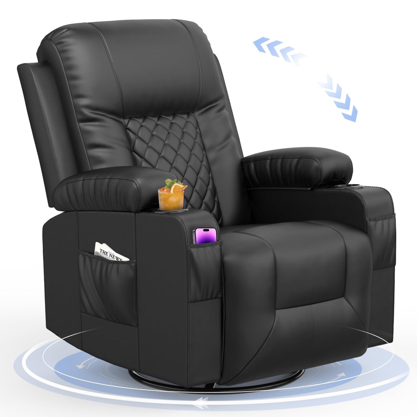 - YONISEE Recliner Chair, Swivel Recliner Rocker Chairs with 360° Rotate & 125° Rocking Mechanism, Extended Footrest, Swivel Armchair Single Sofa Living Room Lounge with Drink Holders & Side Pockets