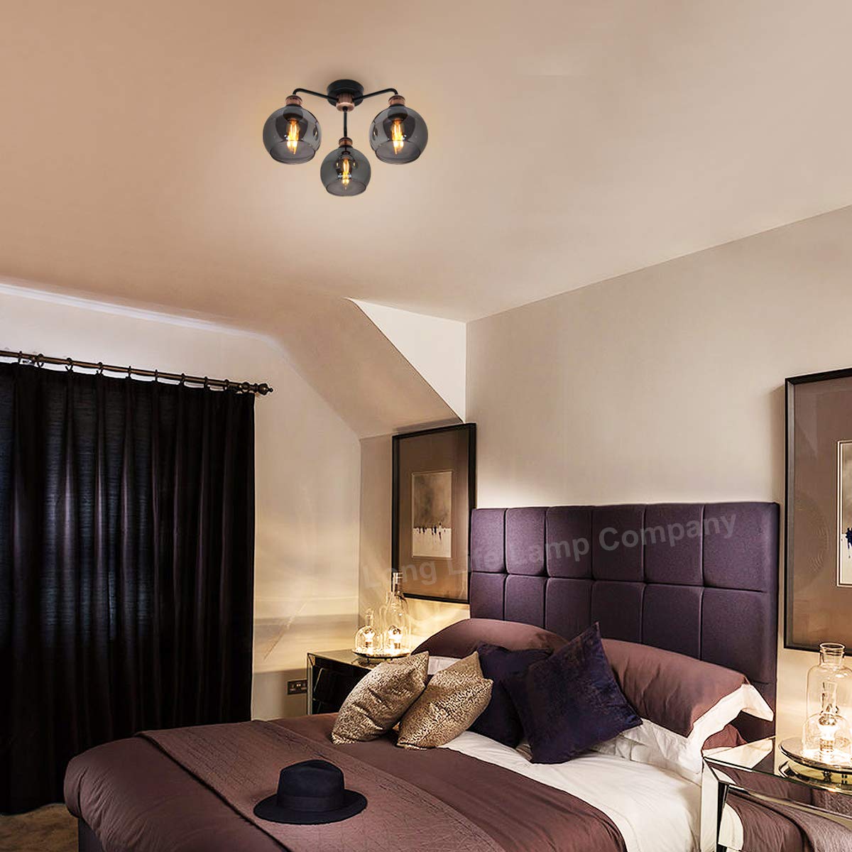 - Modern Grey Glass Ceiling Light | 3 Globe Shades | Round Chandelier -