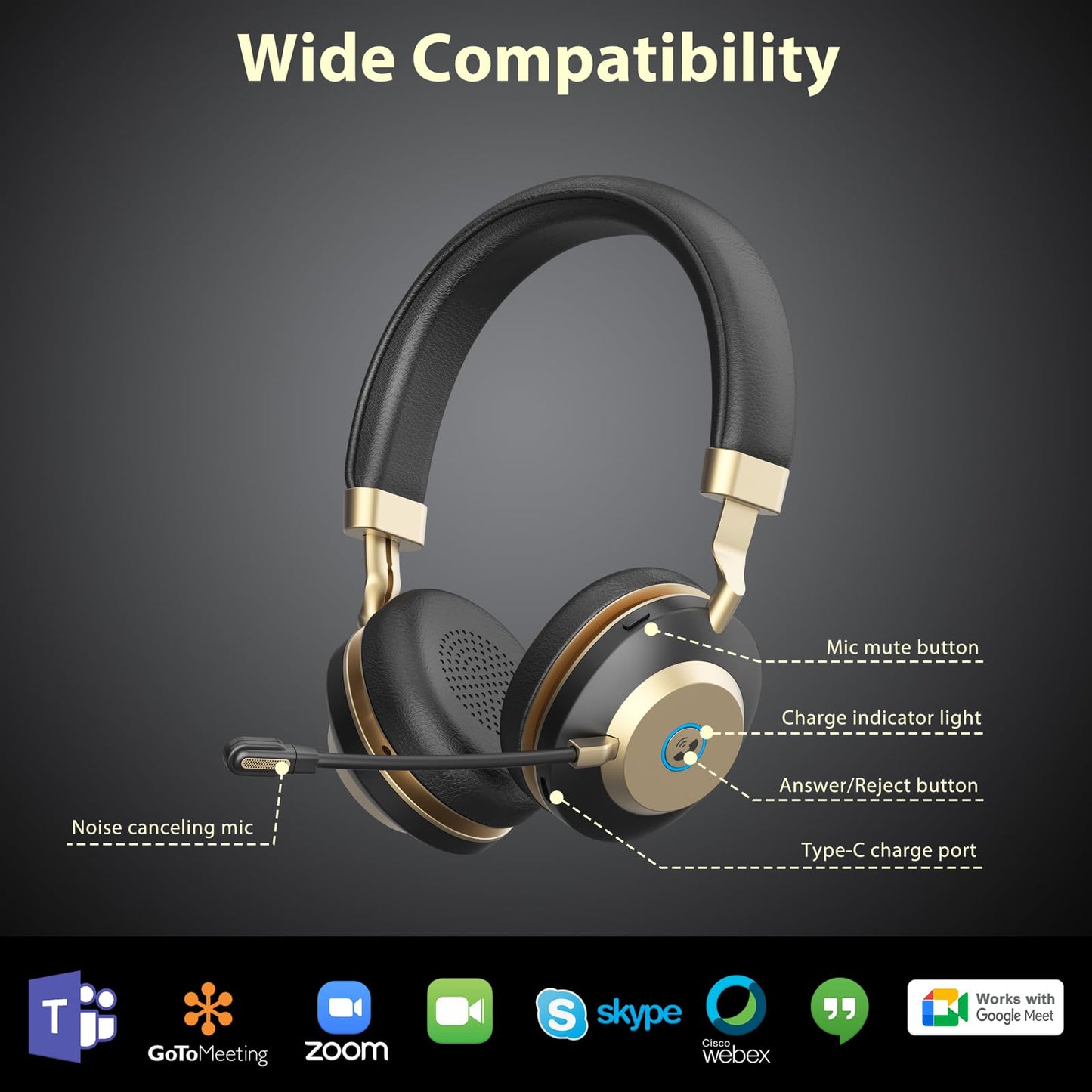 - Earbay Wireless Headset | Headphones with Microphone Noise Canceling | 45H Work Time | V5.3 Bluetooth Headset with Mic Mute & USB Dongle -