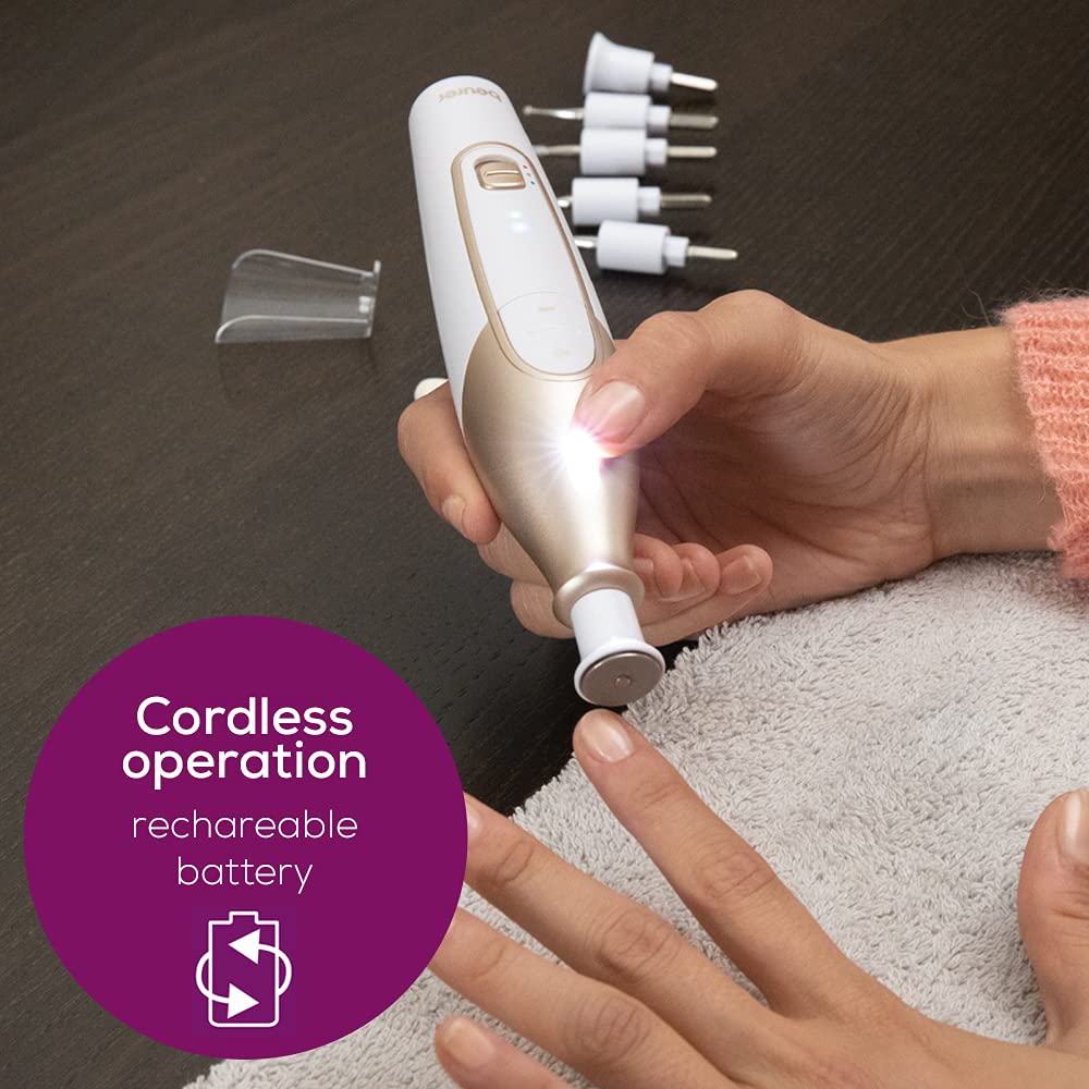 Beurer MP64 Manicure and Pedicure Set, Cordless Electric Nail File with 10 Attachments and Powerful Battery, Precision light, Nail Drill with Storage Case for at-home use