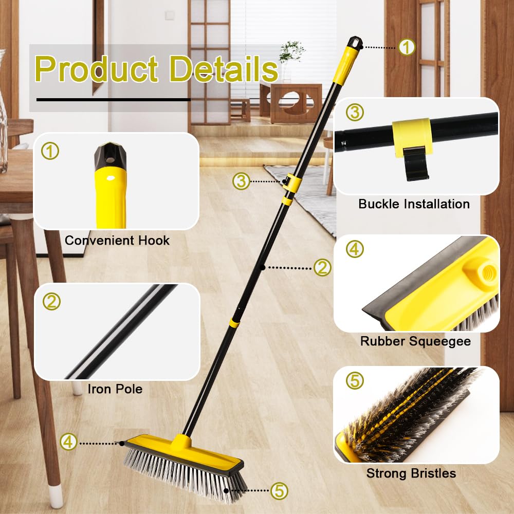 - Floor Cleaning Brush with squeegee | 60” Long Handle Push Broom | Stiff Bristles Deck Broom -