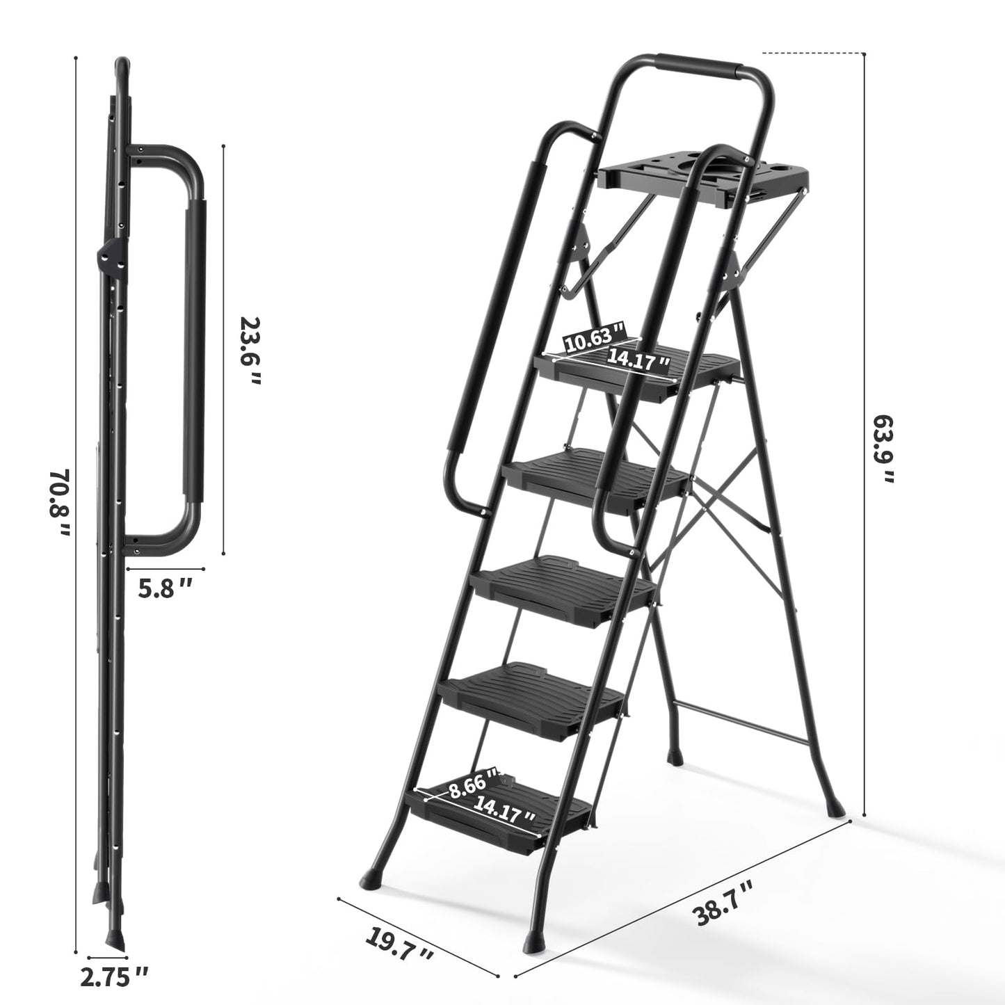 - KINGRACK 5 Step Ladder With Handrails | With Tool Tray Platform -