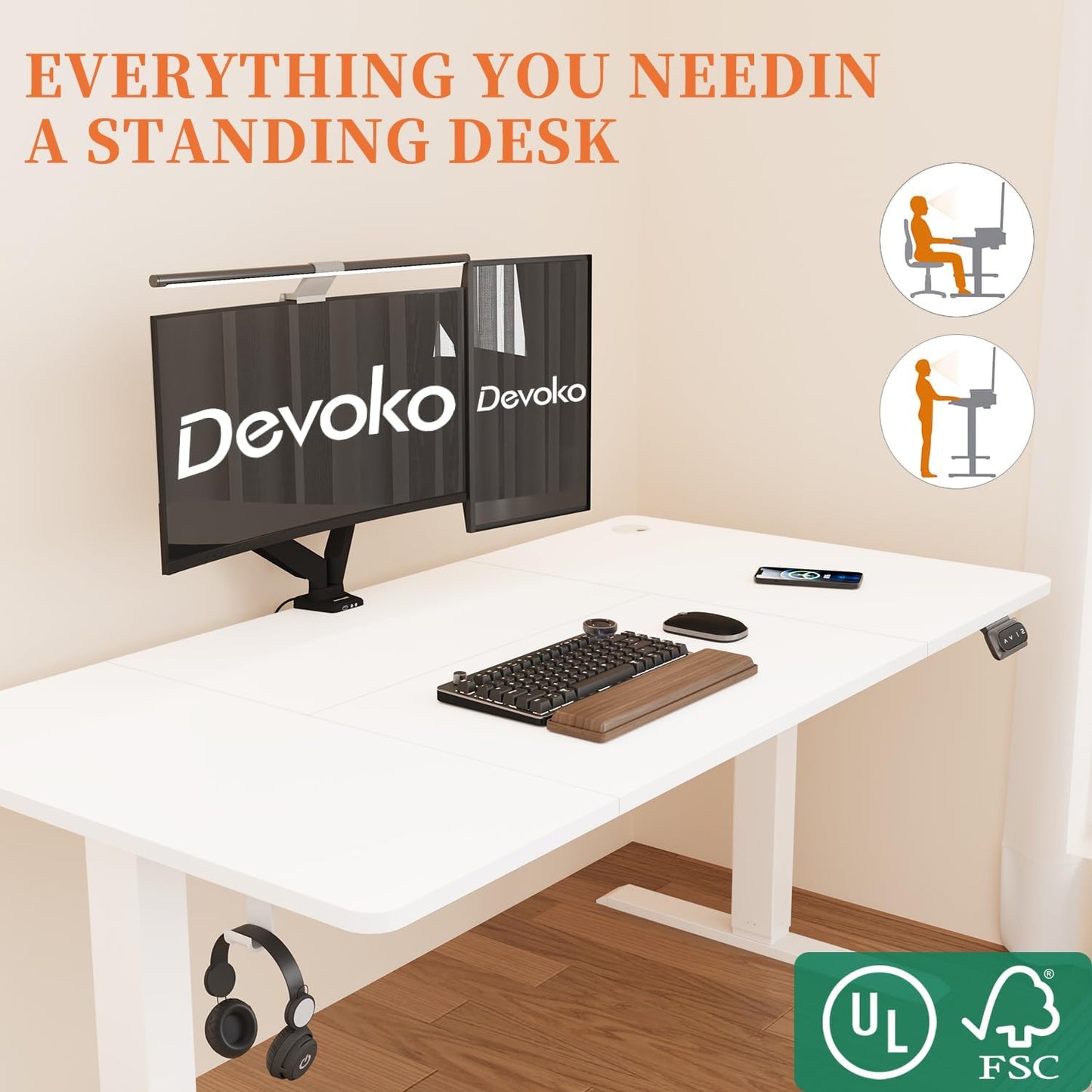 Devoko Electric Standing Desk 120x60cm Sit Stand Table Height Adjustable Desk with Backpack Hook and Memory Smart Pannel, White