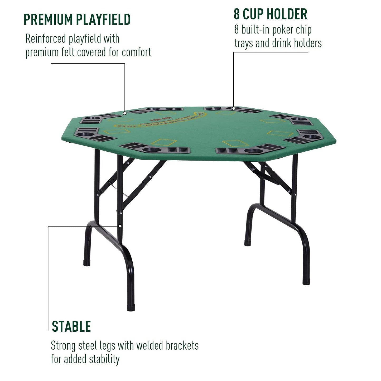 - HOMCOM 8 Player Folding Games Poker Table | Chip Cup Holder | Steel Base | Felt Top | Octagon -