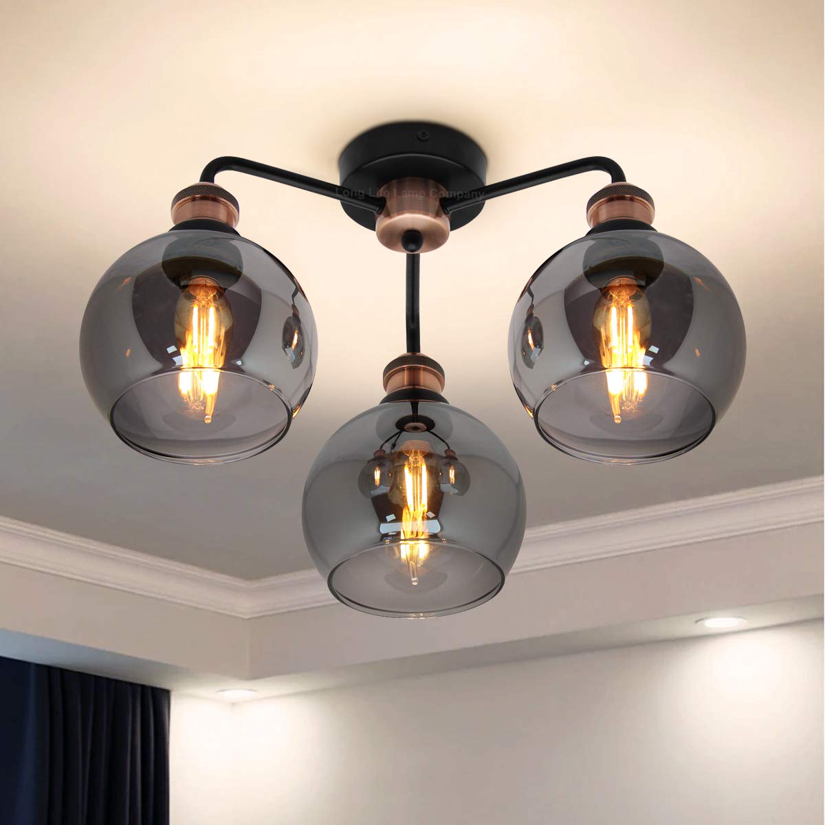 - Modern Grey Glass Ceiling Light | 3 Globe Shades | Round Chandelier -