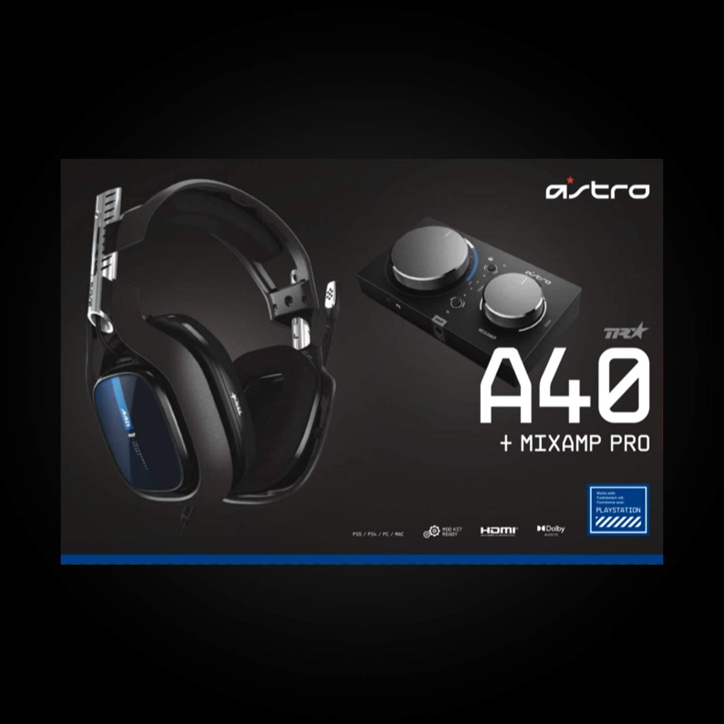 ASTRO Gaming A40 TR Wired Gaming Headset + MixAmp Pro TR, Astro Audio V2, Dolby Audio, Swappable Mic, Game/Voice Balance Control, for PS5, PS4, PC, Mac - Black/Blue