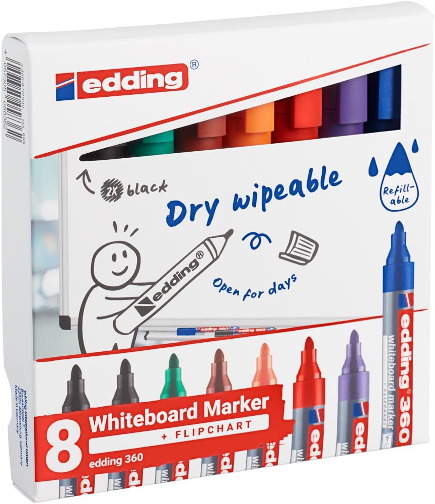 - Edding 360 whiteboard marker set | multi-coloured | 8 whiteboard pens -