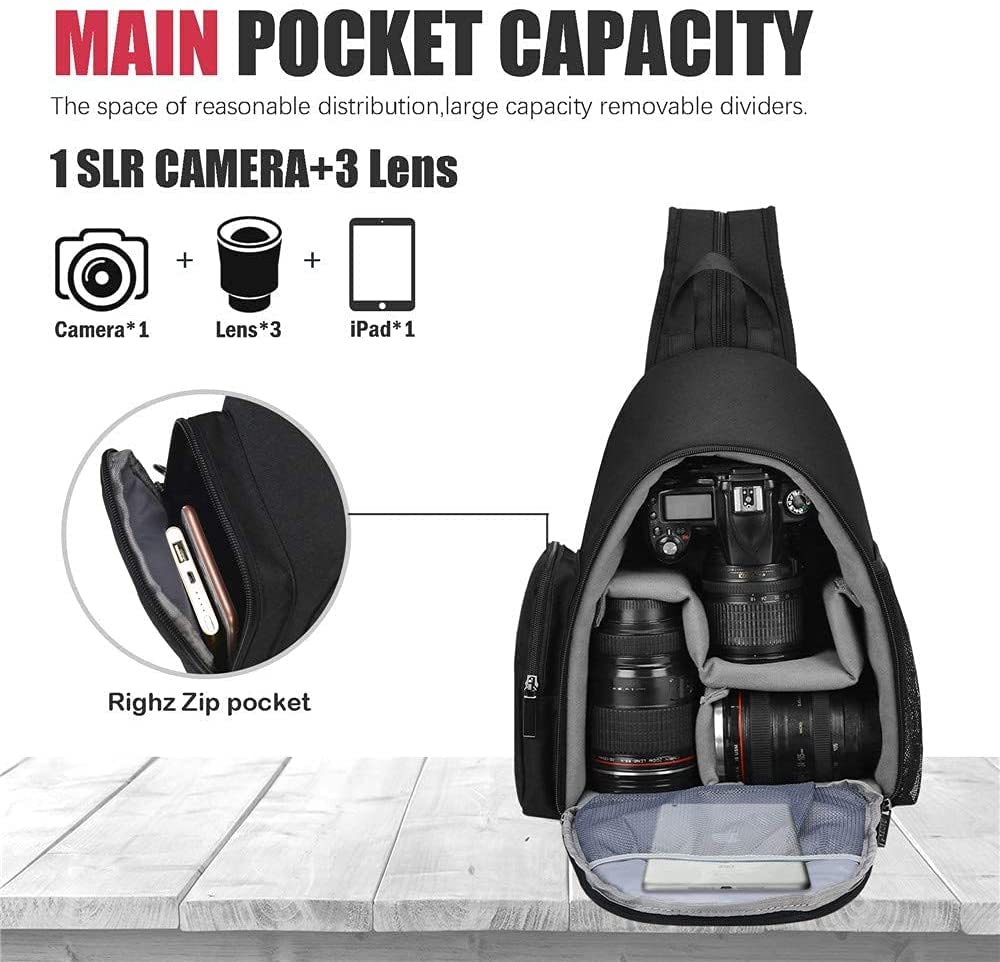 Cwatcun Camera Bag, Sling Camera Case Shoulder Backpack with Tripod Holder for Canon Nikon Sony Pentax DSLR SLR Mirrorless Cameras Black