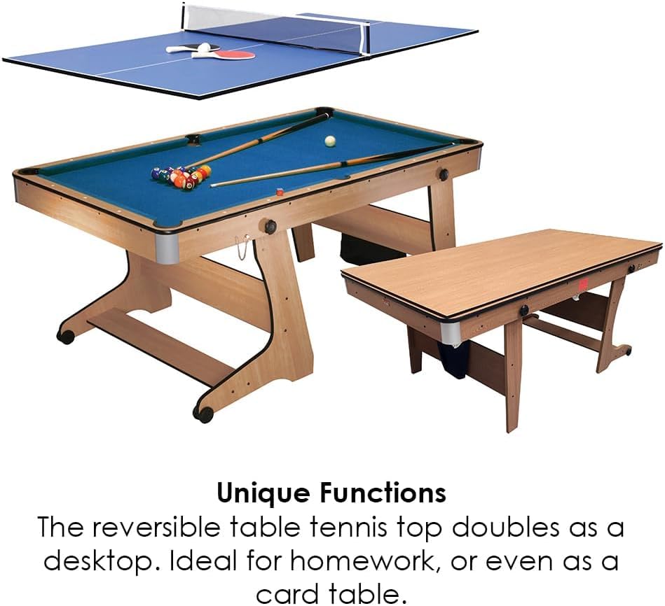 BCE 6ft 3-in-1 Folding Pool Table with Table Tennis Top & Soft Tip Dart Board with Desk Top - Easy to Move - All Accessories Included