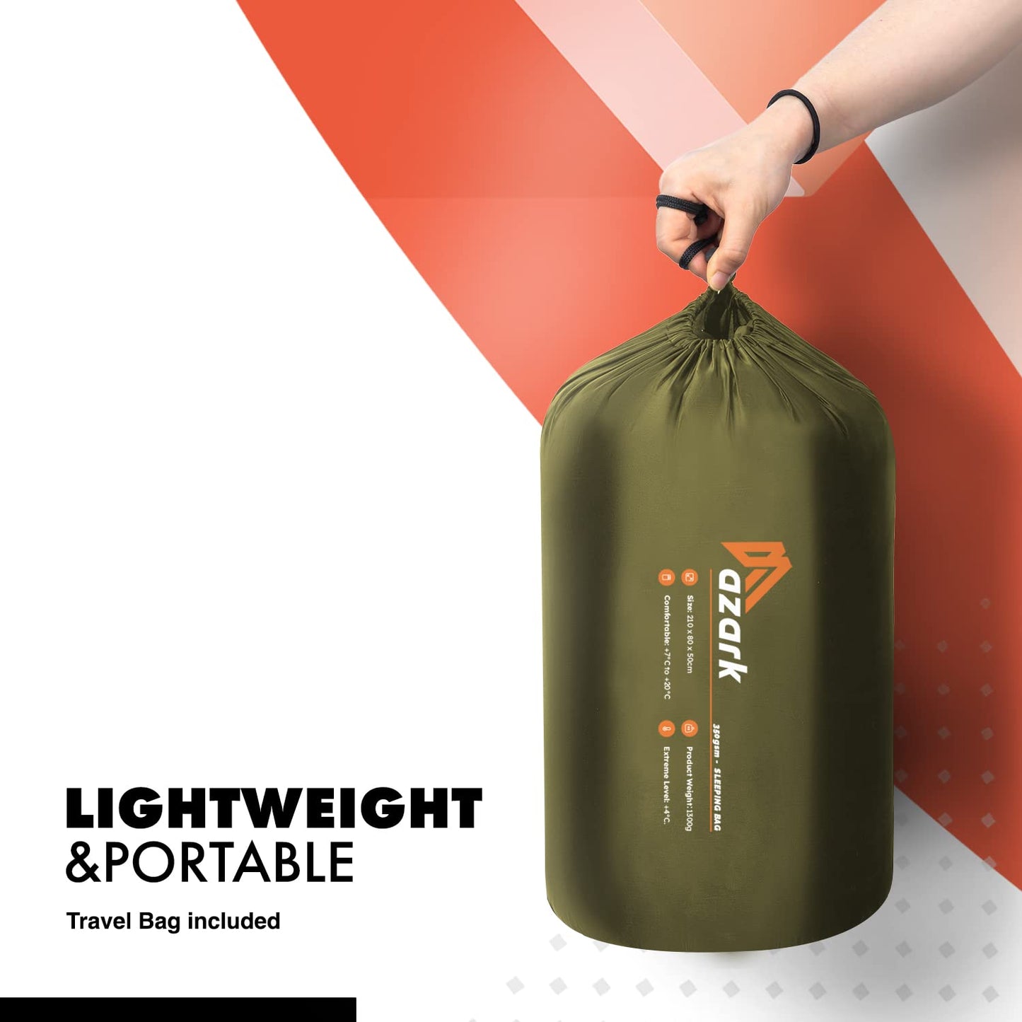 azark Premium Single Sleeping Bag, 350GSM, Lightweight and Waterproof, 4 Seasons of Camping, Hiking and Outdoors, Sleeping bag for Adults & Kids (Green)