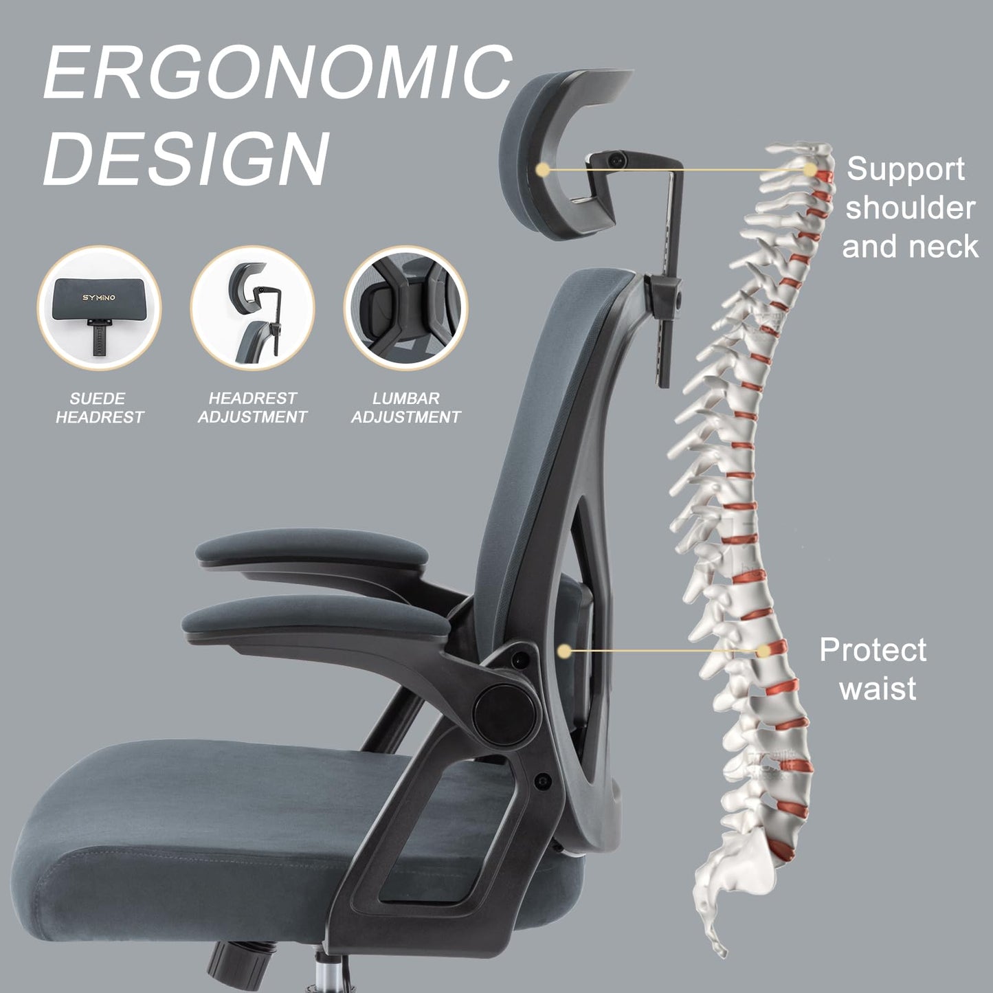 - Symino Office Chair | Ergonomic Office Chair | Lumbar Support | Desk Chair | 150 kg | Grey -