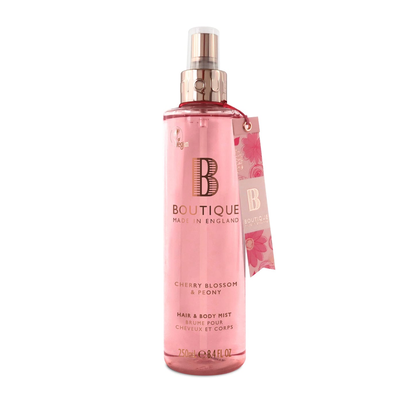 Boutique Women's Body Spray 250ml - Cherry Blossom and Peony Fragrance Hair & Body Mist - Refreshing, Moisturising With Essential Oils - Vegan - Made In England