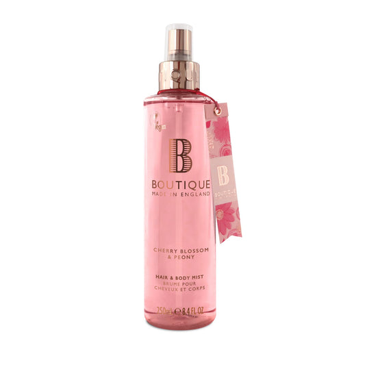 Boutique Women's Body Spray 250ml - Cherry Blossom and Peony Fragrance Hair & Body Mist - Refreshing, Moisturising With Essential Oils - Vegan - Made In England