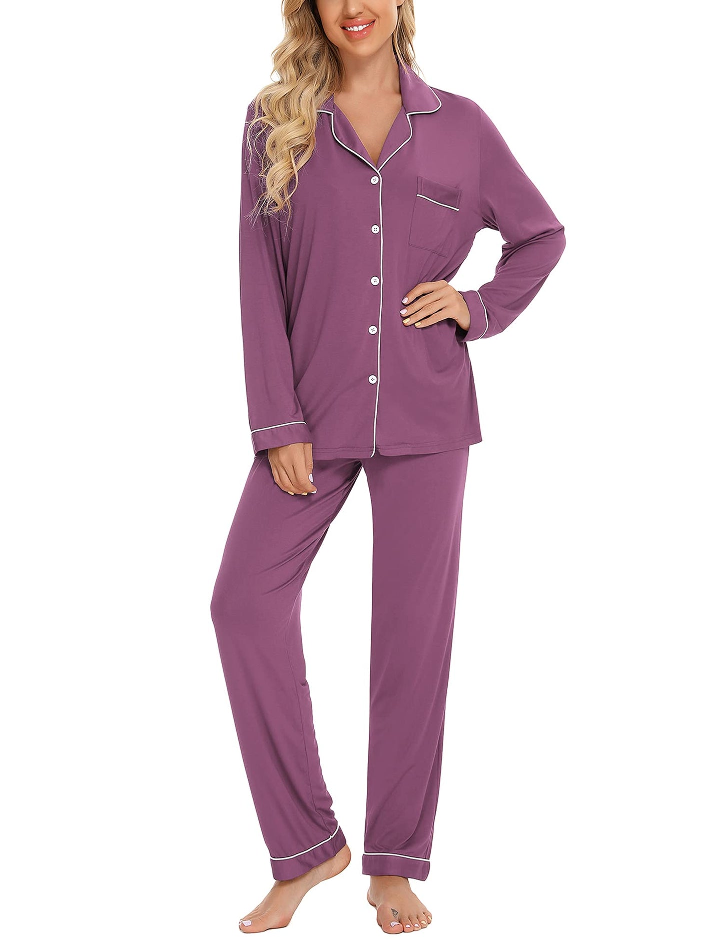 - Samring Women's Button Down Pajama Set | V-Neck Long Sleeve Sleepwear -