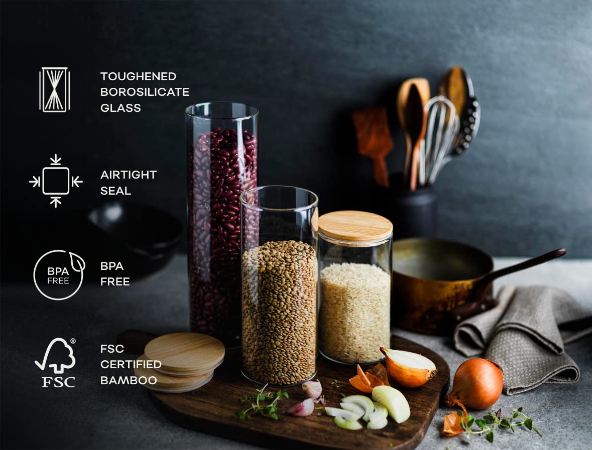 - Franklin Lade Glass Storage Jars | 3 Piece Set 900ml | Airtight Bamboo Lids | Glass Jars with lids | Tea Coffee Sugar Canisters | Pantry Storage Containers | Storage Jars for Kitchen -