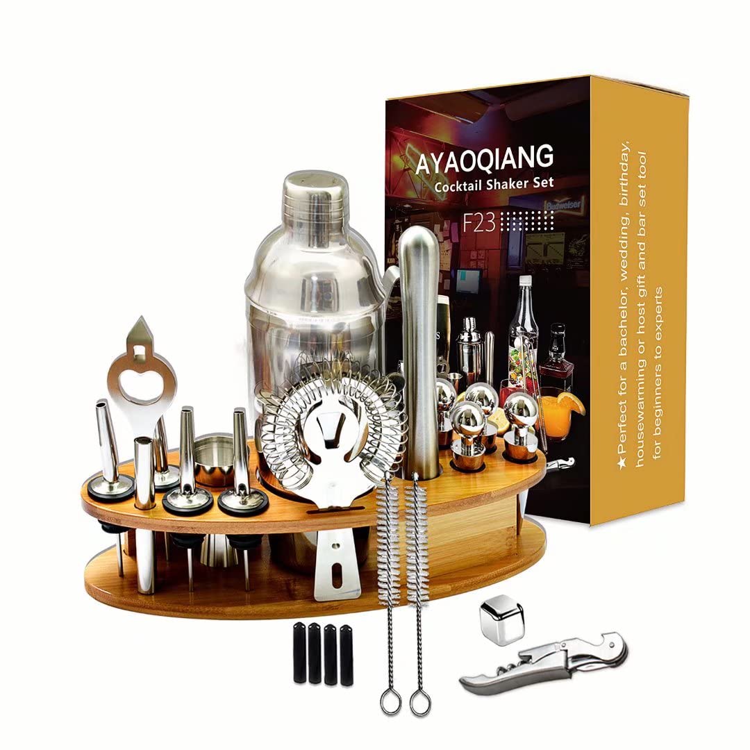 AYAOQIANG Cocktail Shaker Set with Stand,Cocktail Set for Beginer,750ml Stainless Steel Shaker for Cocktail,Home Bar Cocktail Tool Kit with Bamboo Display Stand