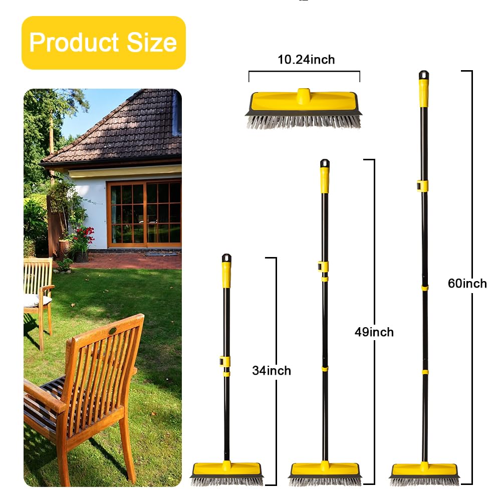 - Floor Cleaning Brush with squeegee | 60” Long Handle Push Broom | Stiff Bristles Deck Broom -