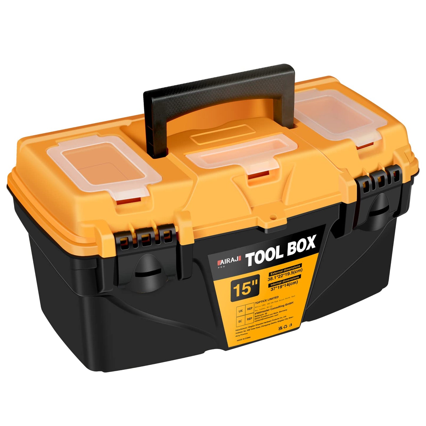 AIRAJ 15" Tool Box with Double Locking Buckle, Lightweight Plastic Tool Box with Removable Tray and Small Parts Box,Portable Tool Storage Box for Tools(38.1 * 22 * 19.5cm)